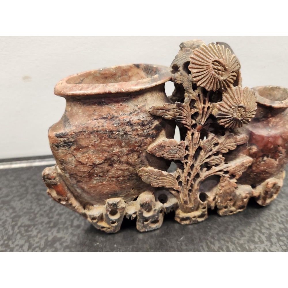 Vintage Soapstone Double‎ Vase Hand Carved Floral Chrysanthemum Chinese ~ Good - Picture 2 of 9